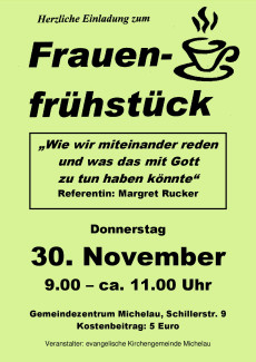 Einladung zum Frauen-Frühstück am Donnerstag, 30.11.2023 um 9 Uhr im Gemeindezentrum Michelau